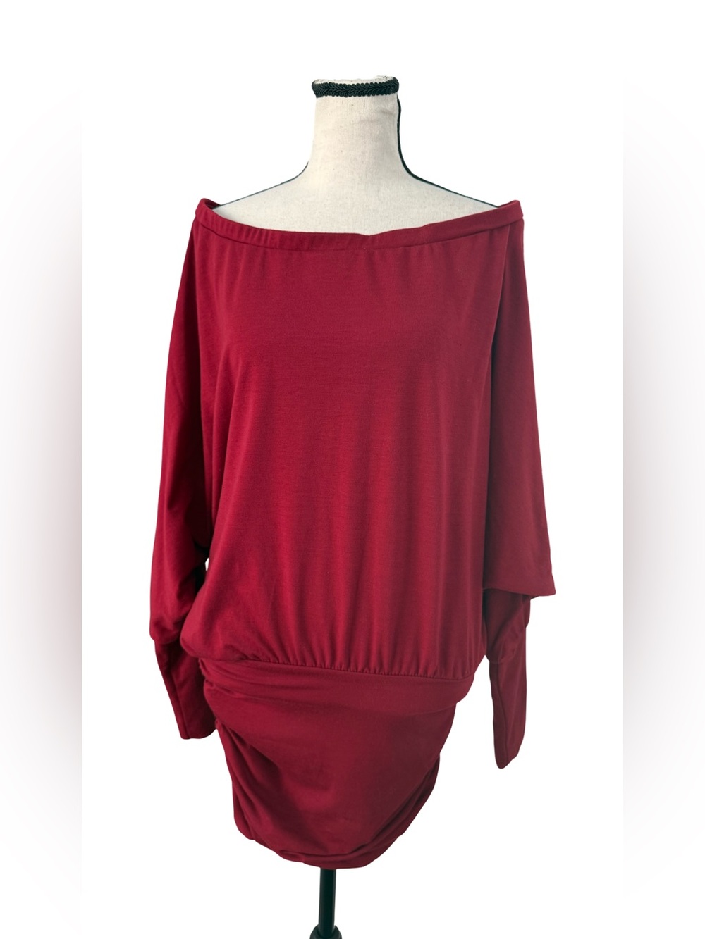 Red Off Shoulder Dolman Sleeve Oversized Batwing Draped Long Sleeve Tunic Dress